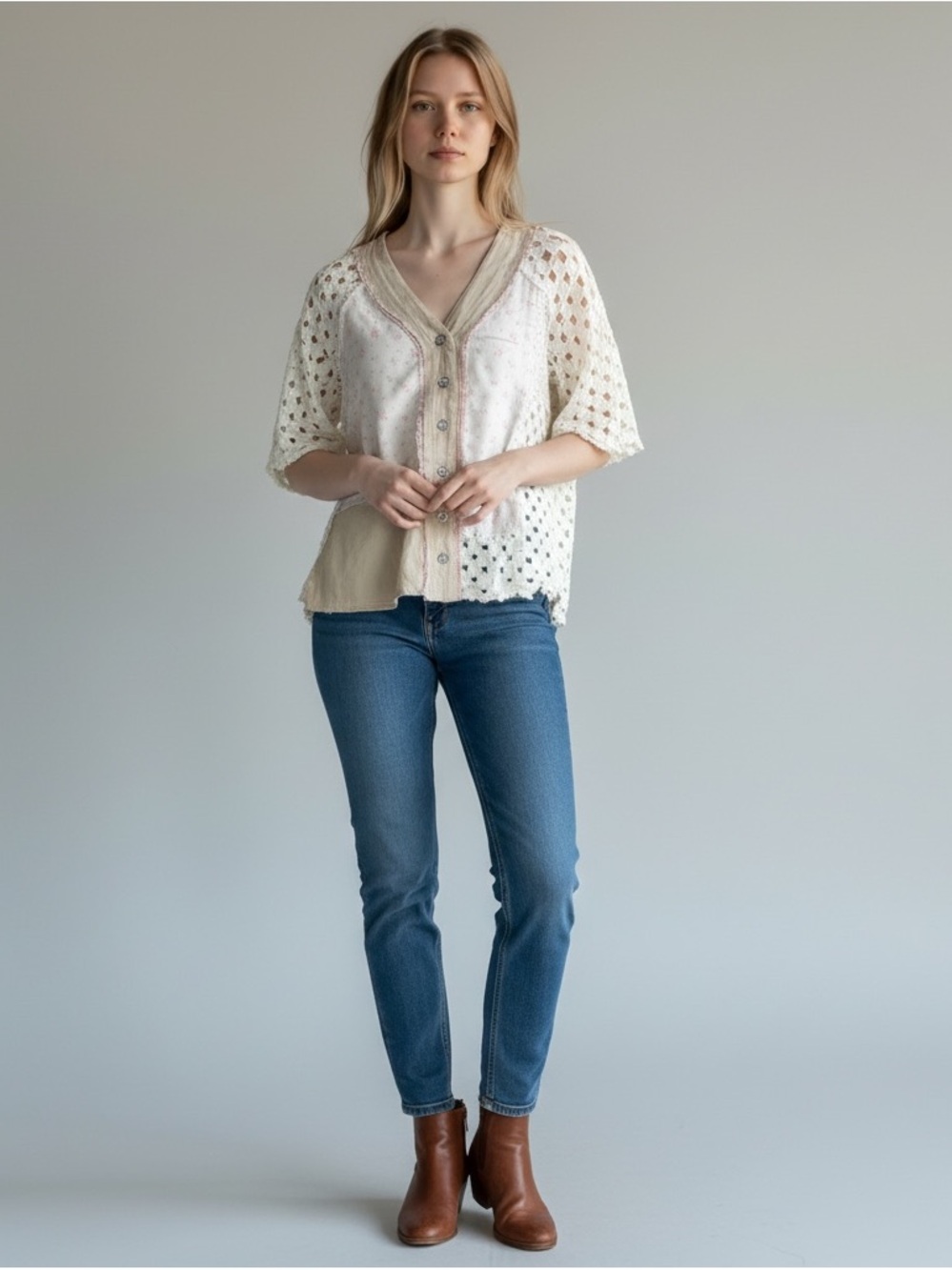 M V-Neck POL button down crochet sleeves